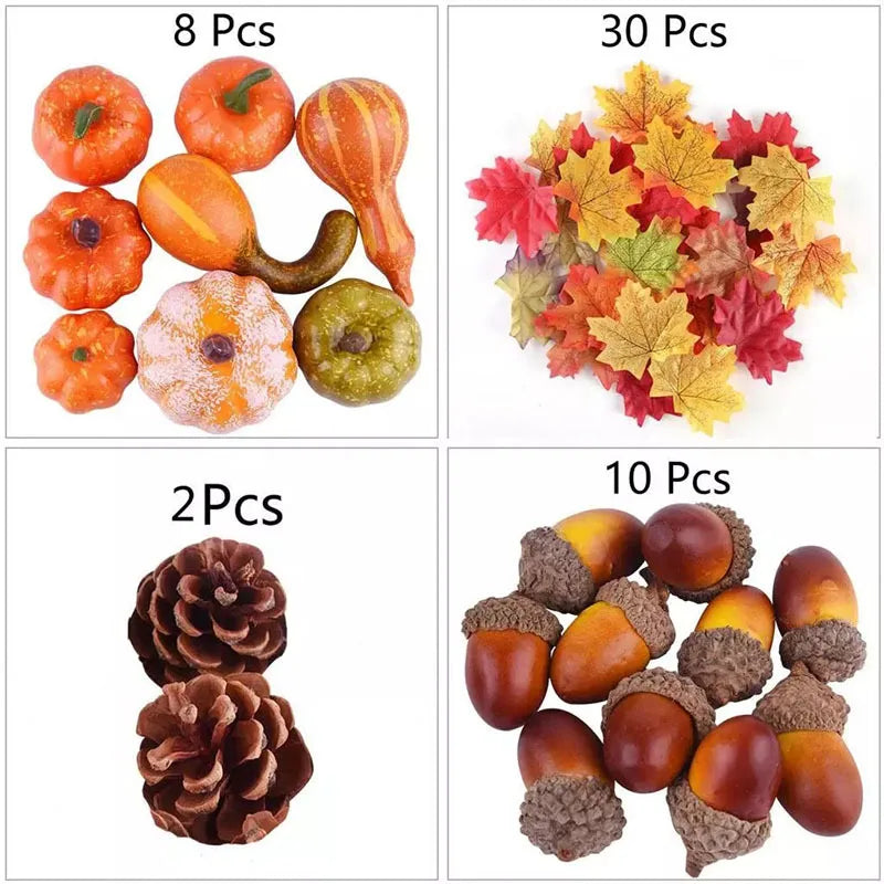 50Pcs Thanksgiving Artificial Pumpkins Set with Leaf Acorns Pine Cones for Autumn Festival Halloween Home Table Decoration