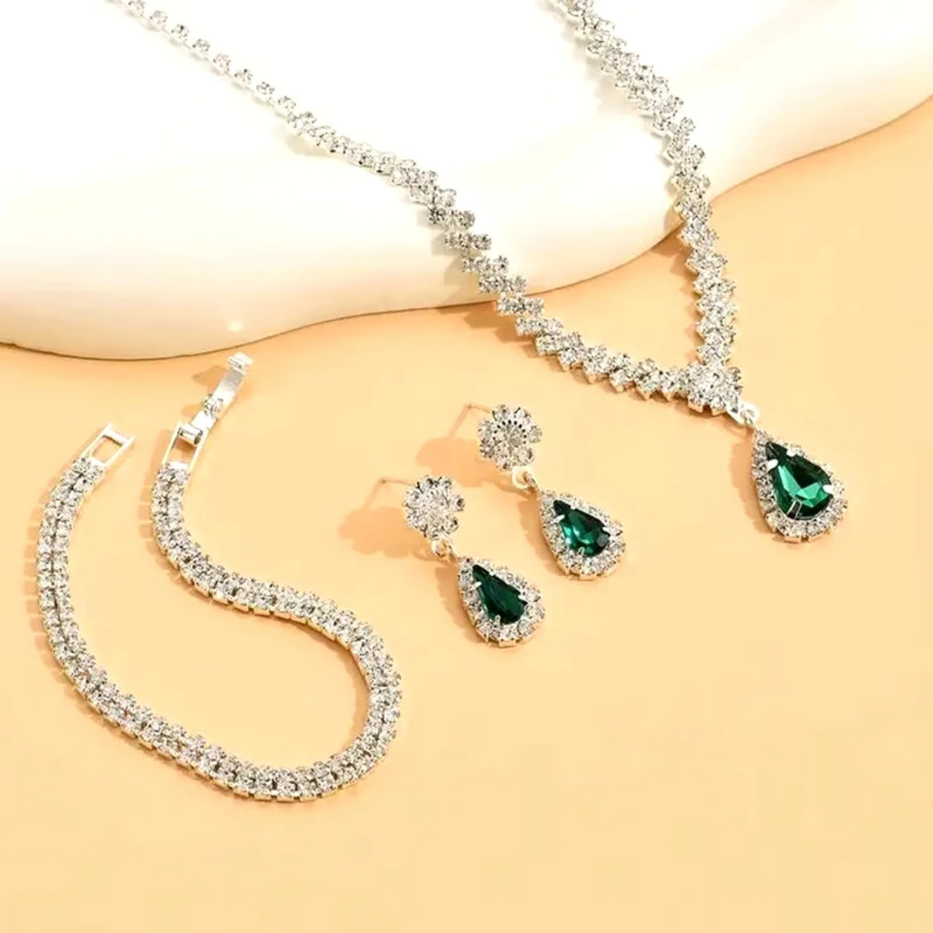3 piece set Red l Green Blue Drop Stone Necklace Earrings Bracelet Women's Jewelry Wedding party set