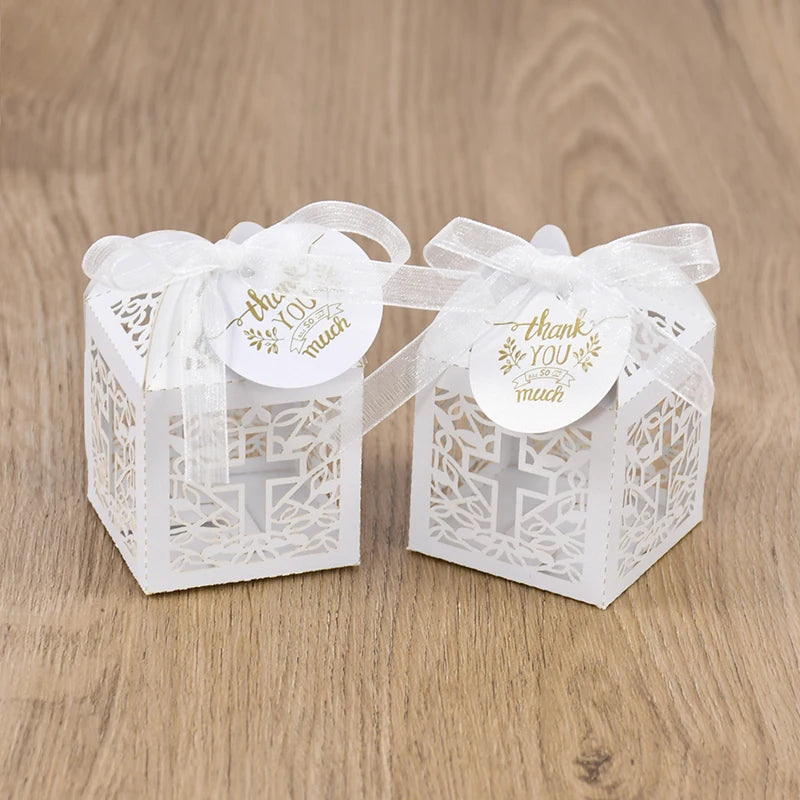 10/50pcs Christening Souvenirs Candy Gift Box With Thank You Tag Baptism Decoration Kids Birthday Party First Communion Supplies
