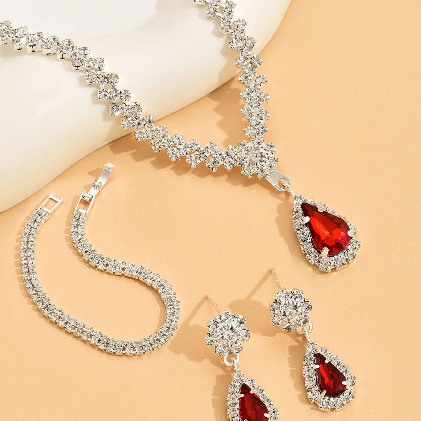 3 piece set Red l Green Blue Drop Stone Necklace Earrings Bracelet Women's Jewelry Wedding party set