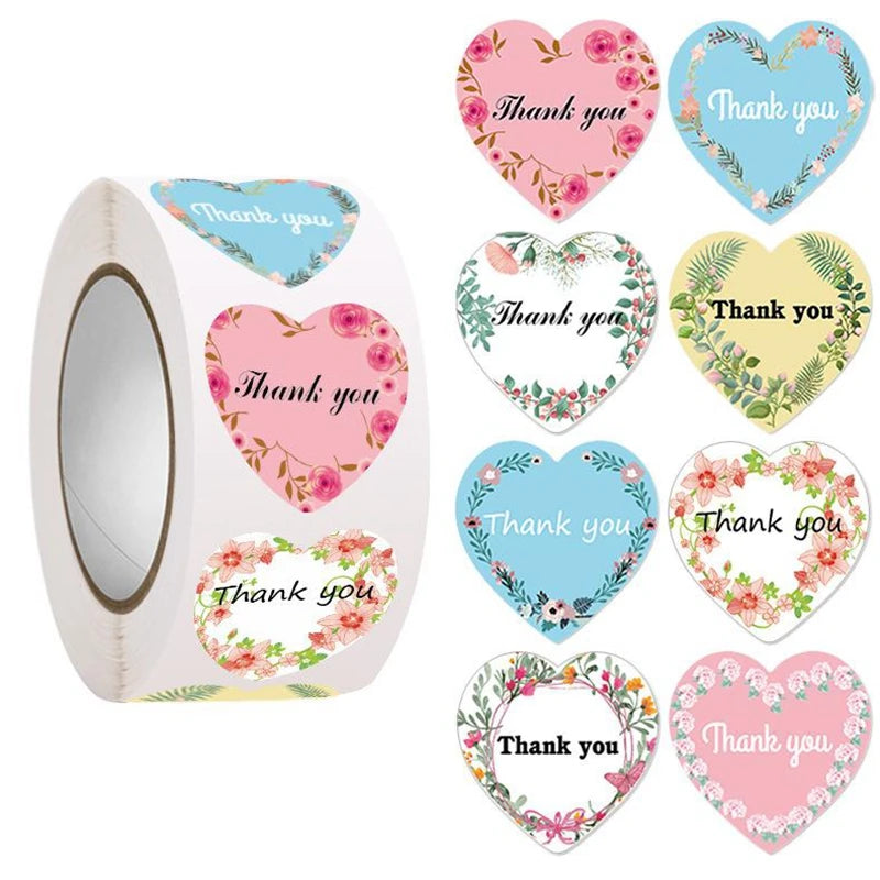 100-500pcs Heart Thank You Stickers Flowers Decorative Sealing Stickers for Wedding Gift Packaging Small Business Supplies 1inch
