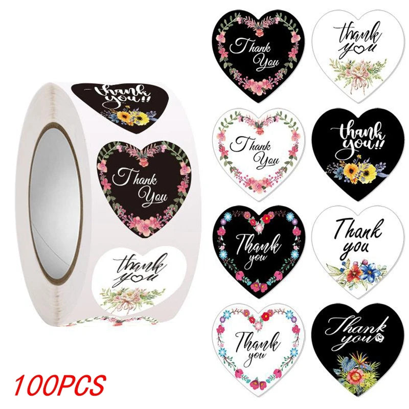 100-500pcs Heart Thank You Stickers Flowers Decorative Sealing Stickers for Wedding Gift Packaging Small Business Supplies 1inch