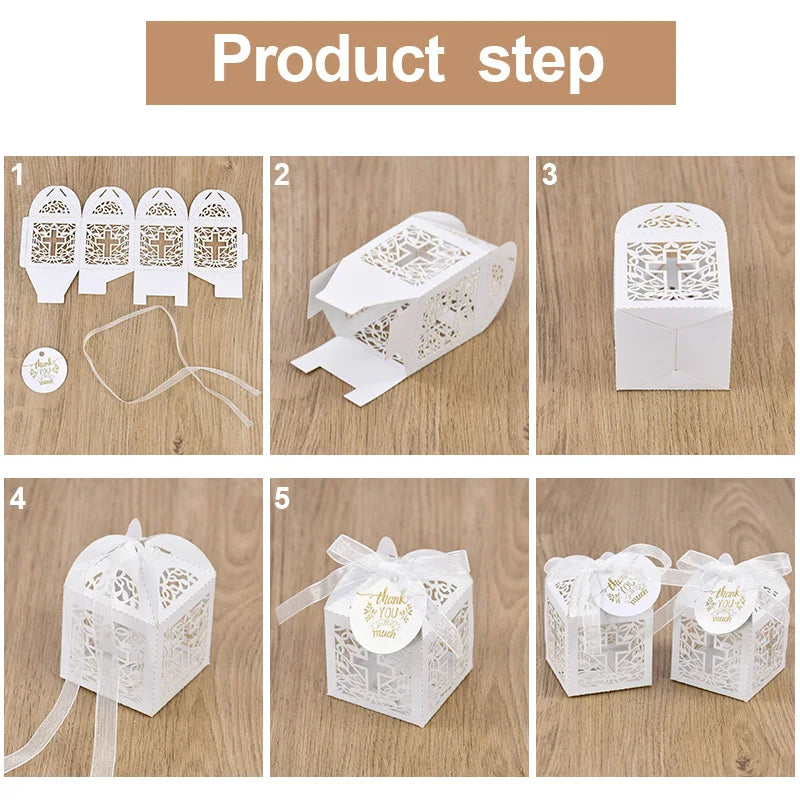 10/50pcs Christening Souvenirs Candy Gift Box With Thank You Tag Baptism Decoration Kids Birthday Party First Communion Supplies