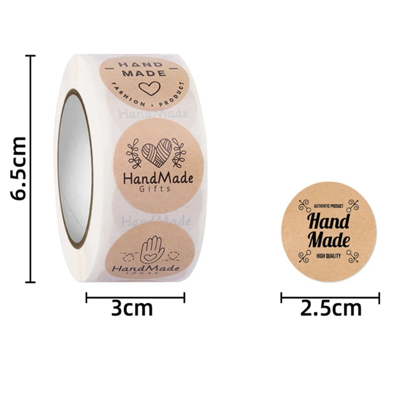 100-500pcs Kraft Paper Handmade with Love Stickers Thank You Sticker for Baking Packaging Envelope Seals Small Business Stickers