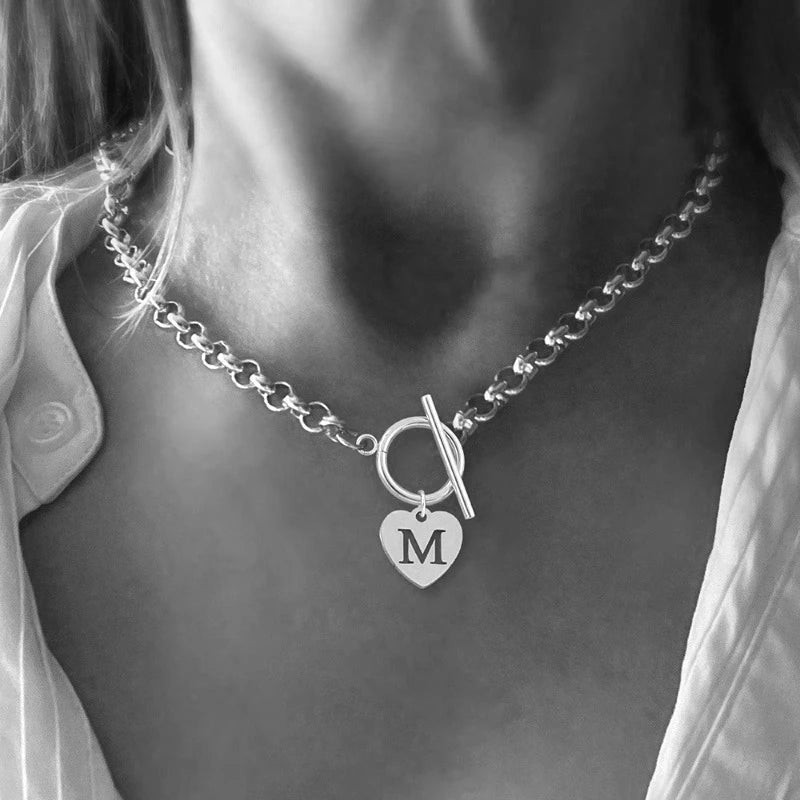 18K Gold Plated Stainless Steel Initial Heart Necklace for Women Girls, Chunky Choker Charm Necklaces Birthday Christmas Gifts