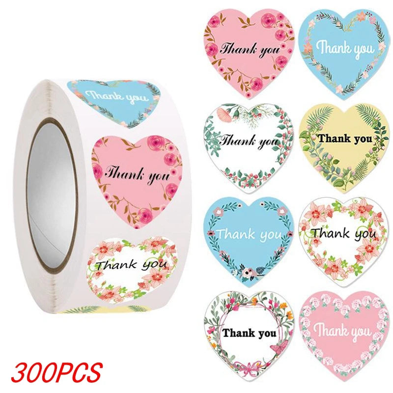 100-500pcs Heart Thank You Stickers Flowers Decorative Sealing Stickers for Wedding Gift Packaging Small Business Supplies 1inch