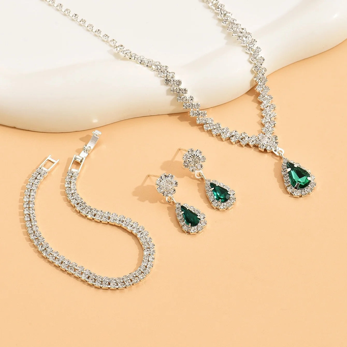 3 piece set Red l Green Blue Drop Stone Necklace Earrings Bracelet Women's Jewelry Wedding party set