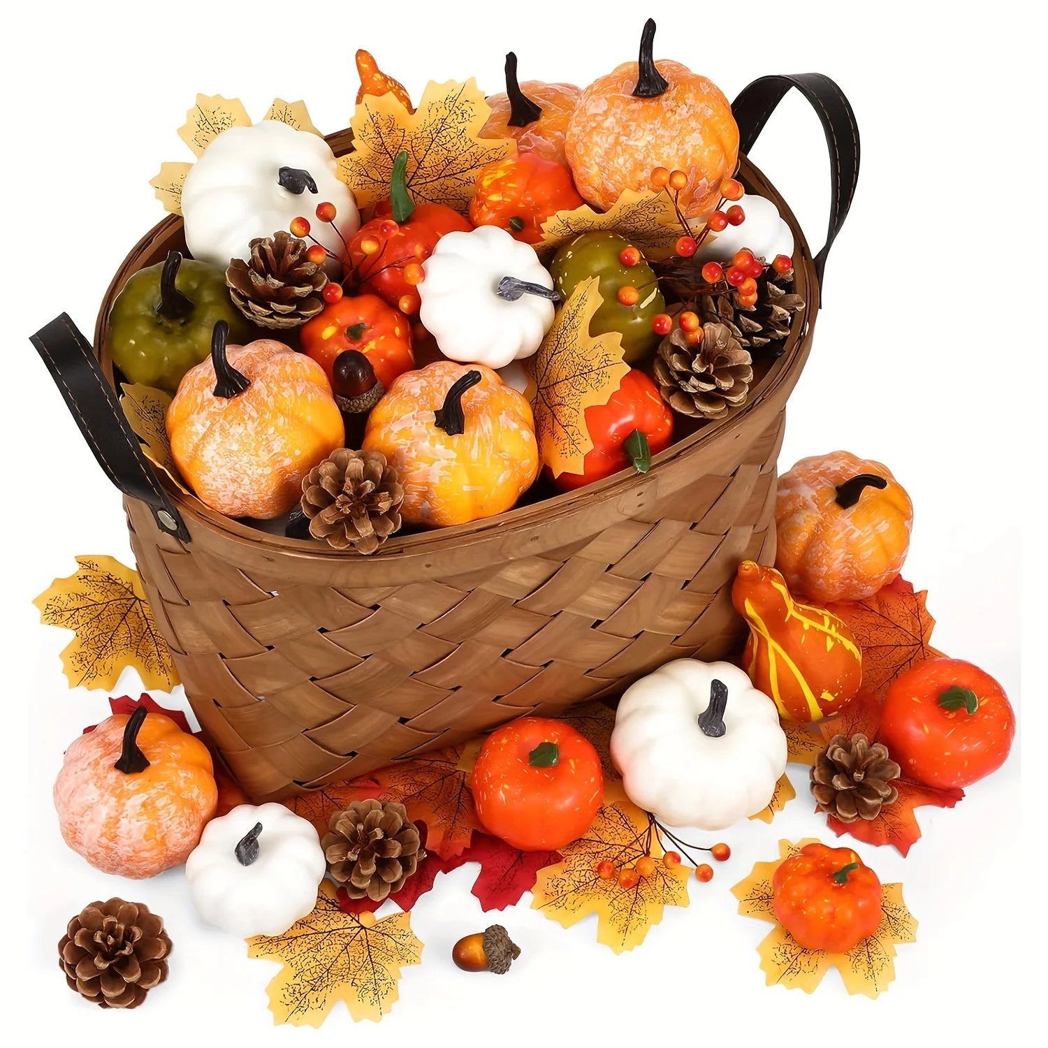 50Pcs Thanksgiving Artificial Pumpkins Set with Leaf Acorns Pine Cones for Autumn Festival Halloween Home Table Decoration