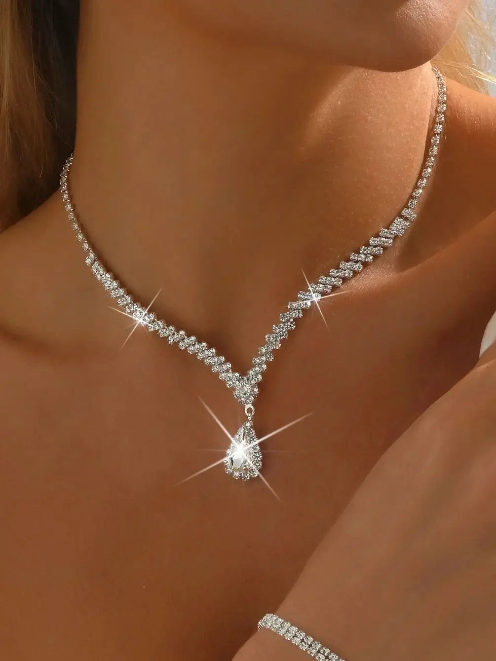 3 piece set Red l Green Blue Drop Stone Necklace Earrings Bracelet Women's Jewelry Wedding party set