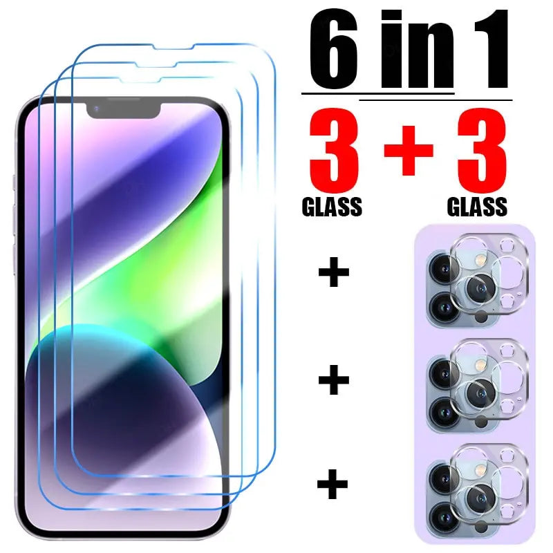 6in1 Tempered Glass for iPhone 14 Pro Max 6 7 8 Plus SE Camera Film Screen Protector for iPhone 13 Pro Max XR XS X 11 12 Pro