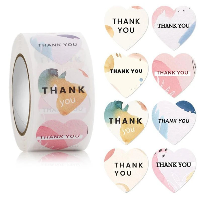 100-500pcs Heart Thank You Stickers Flowers Decorative Sealing Stickers for Wedding Gift Packaging Small Business Supplies 1inch