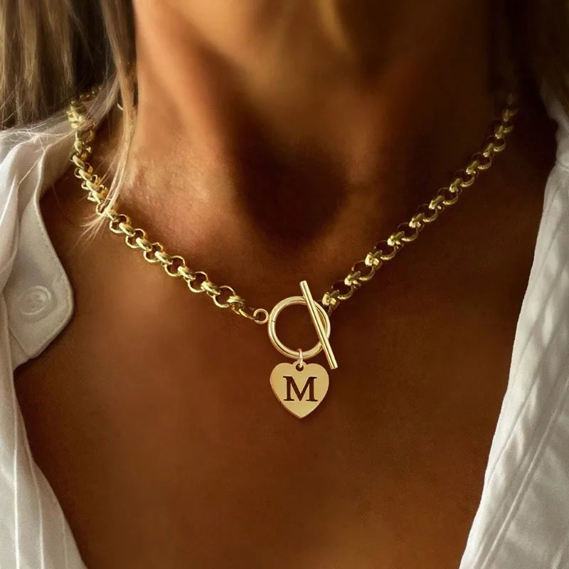 18K Gold Plated Stainless Steel Initial Heart Necklace for Women Girls, Chunky Choker Charm Necklaces Birthday Christmas Gifts