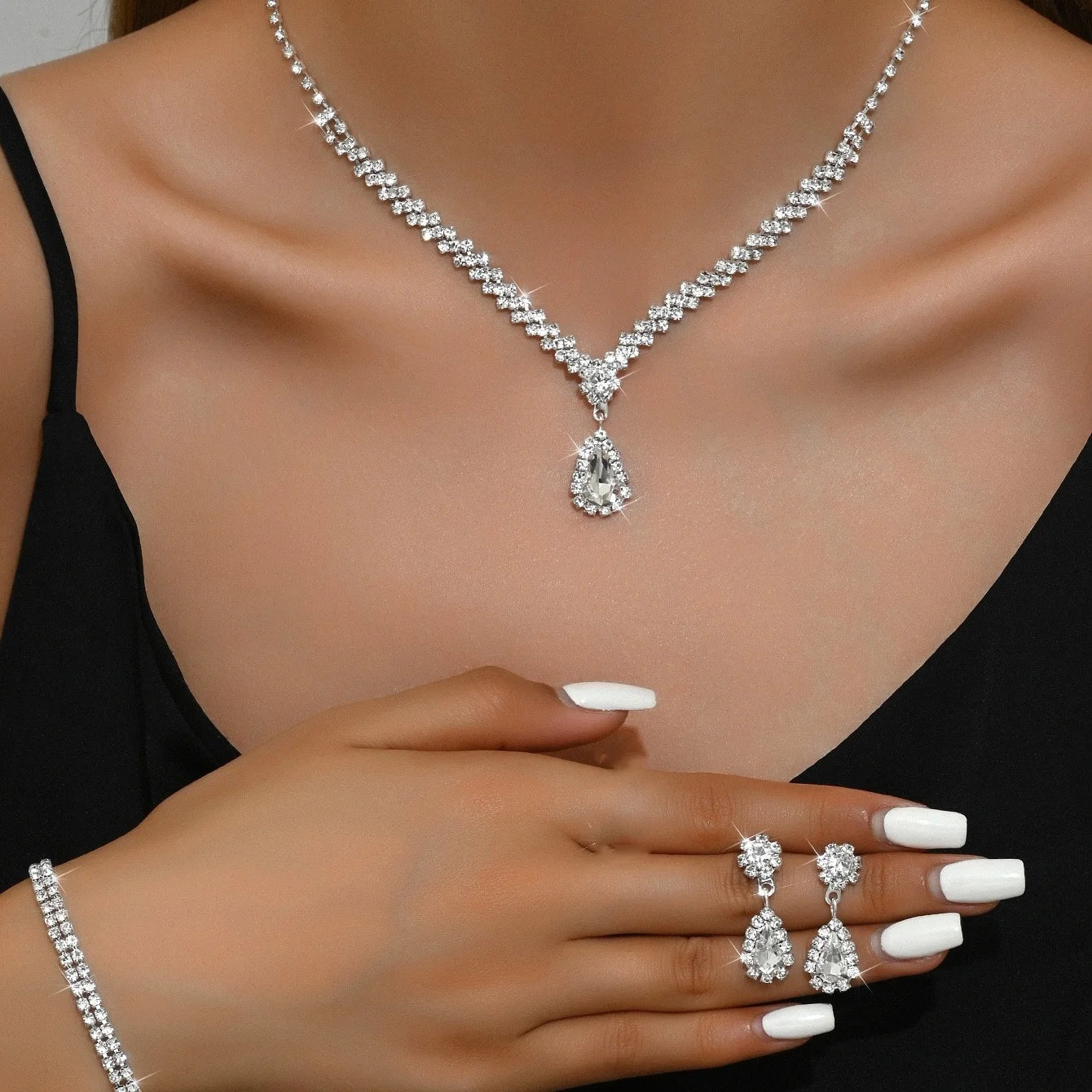 3 piece set Red l Green Blue Drop Stone Necklace Earrings Bracelet Women's Jewelry Wedding party set