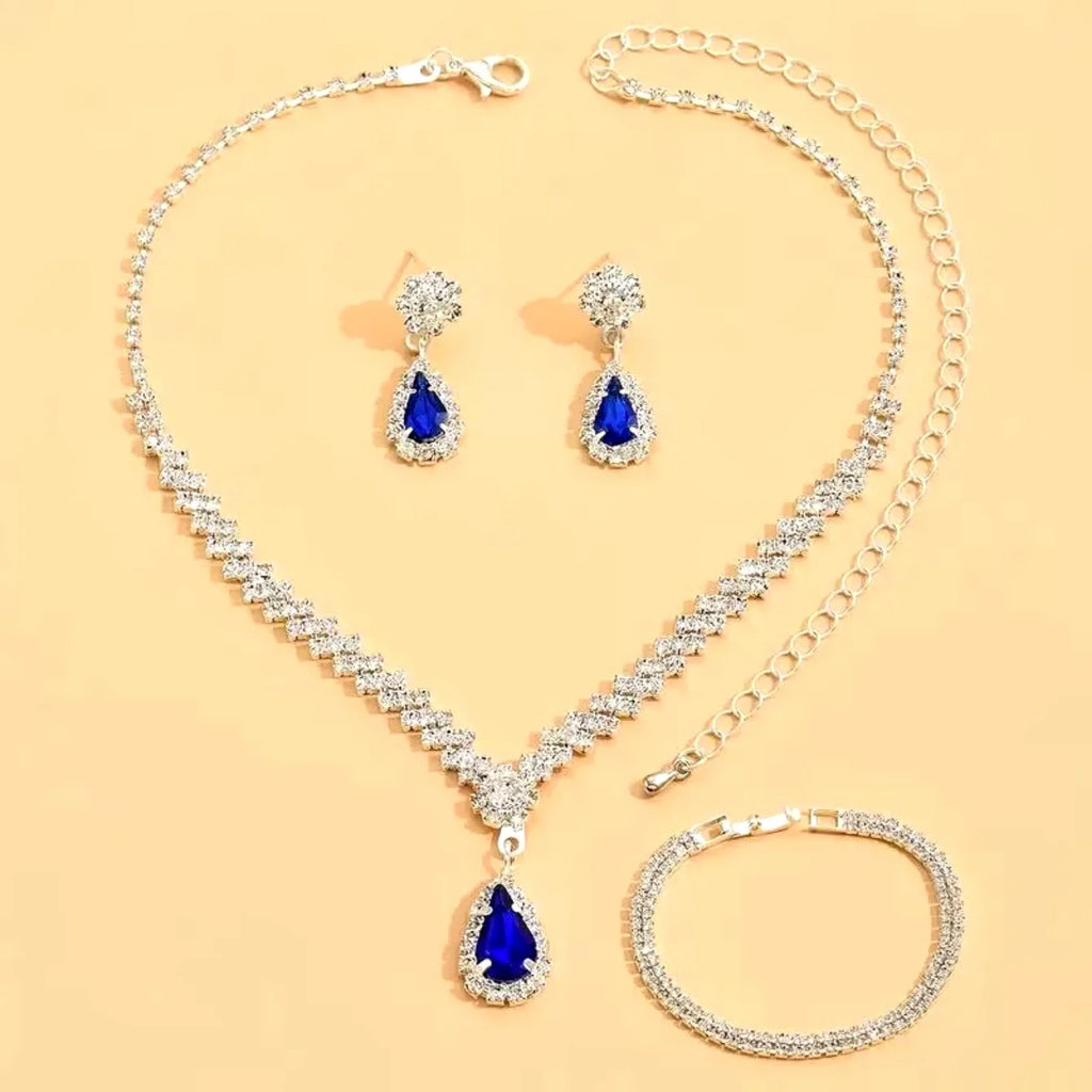 3 piece set Red l Green Blue Drop Stone Necklace Earrings Bracelet Women's Jewelry Wedding party set