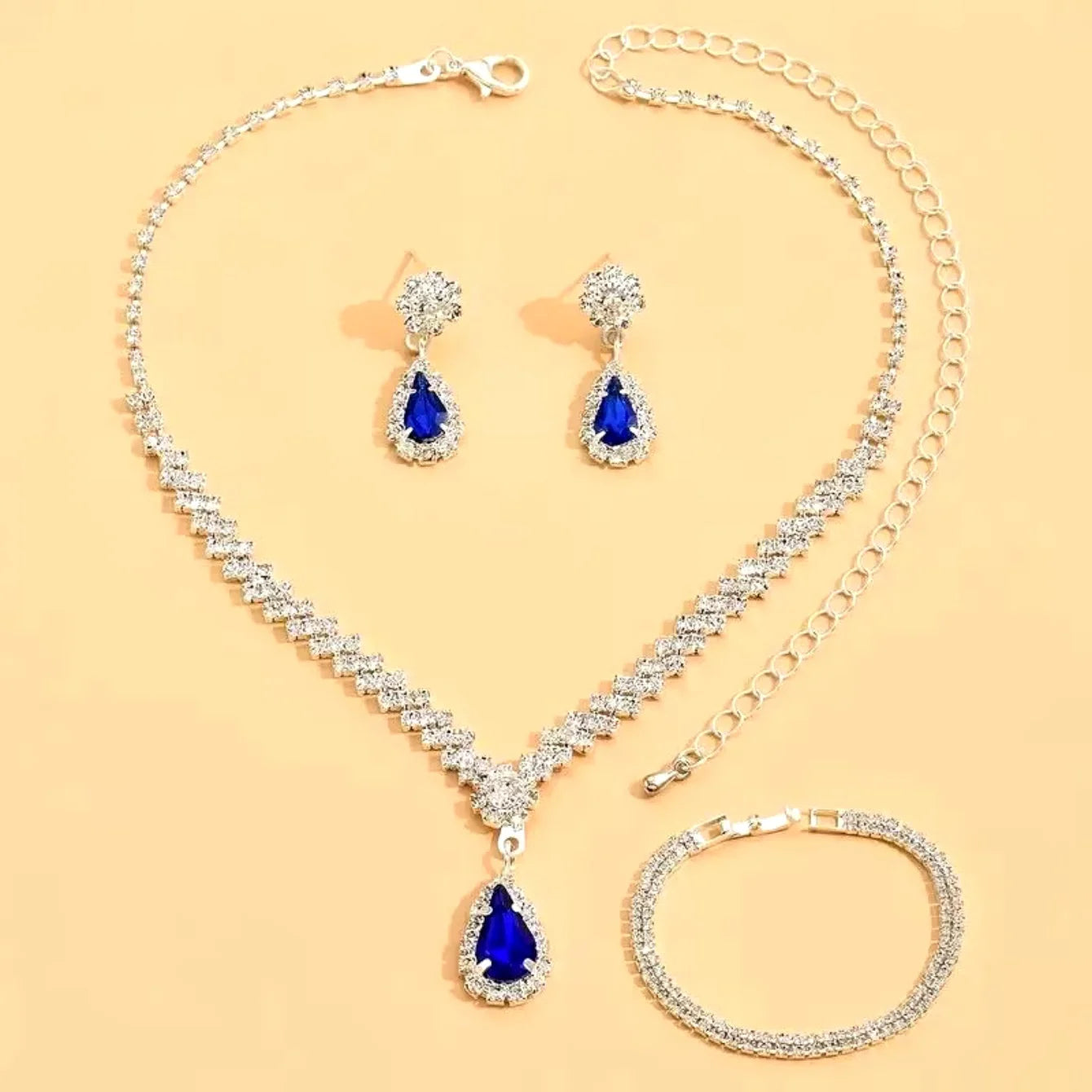 3 piece set Red l Green Blue Drop Stone Necklace Earrings Bracelet Women's Jewelry Wedding party set