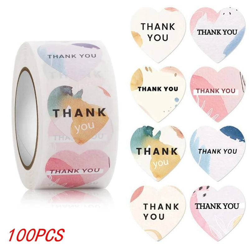 100-500pcs Heart Thank You Stickers Flowers Decorative Sealing Stickers for Wedding Gift Packaging Small Business Supplies 1inch