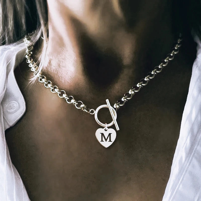18K Gold Plated Stainless Steel Initial Heart Necklace for Women Girls, Chunky Choker Charm Necklaces Birthday Christmas Gifts
