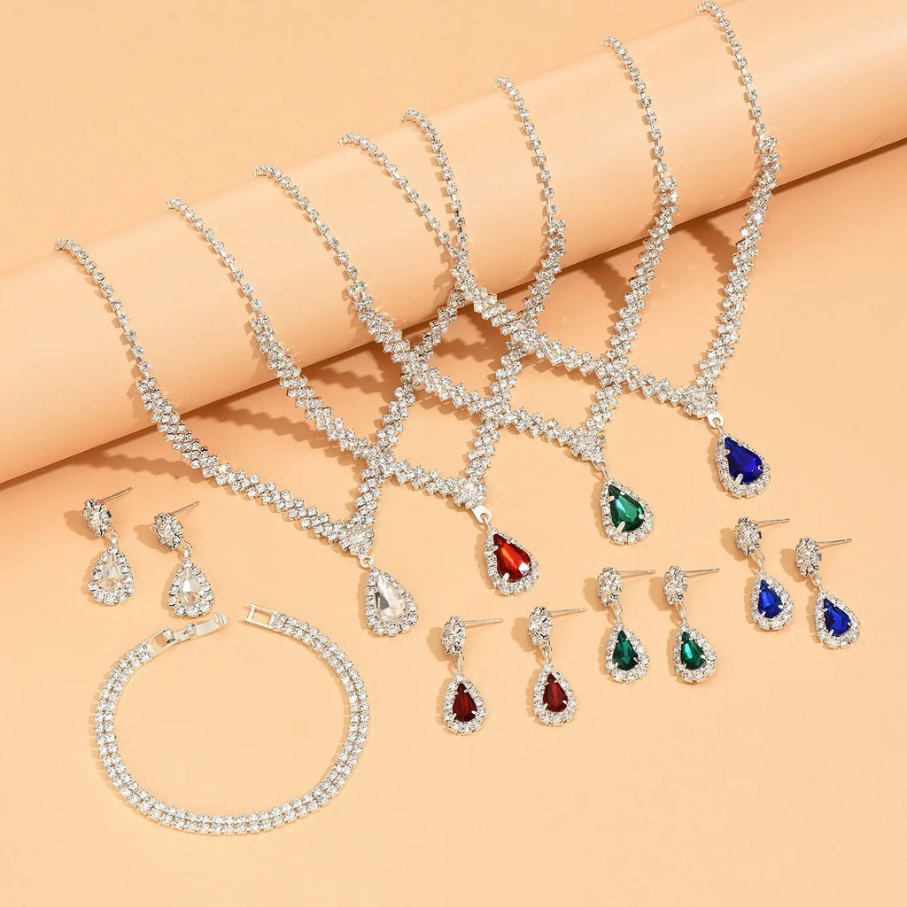3 piece set Red l Green Blue Drop Stone Necklace Earrings Bracelet Women's Jewelry Wedding party set