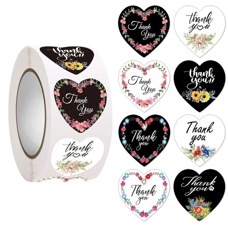 100-500pcs Heart Thank You Stickers Flowers Decorative Sealing Stickers for Wedding Gift Packaging Small Business Supplies 1inch