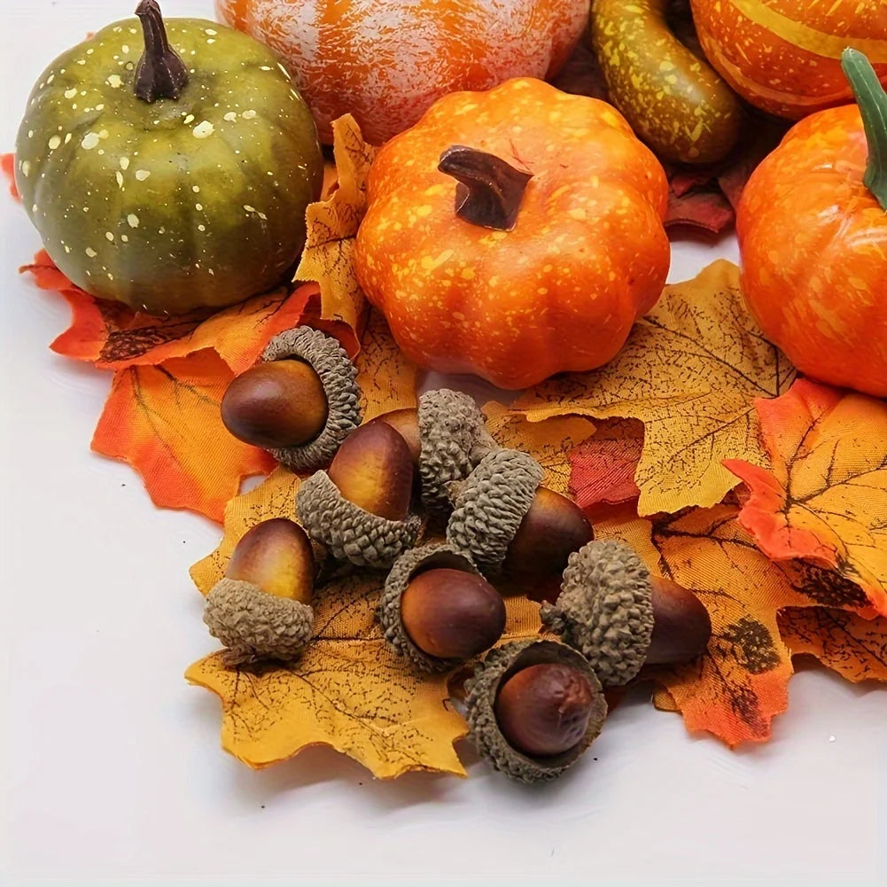 50Pcs Thanksgiving Artificial Pumpkins Set with Leaf Acorns Pine Cones for Autumn Festival Halloween Home Table Decoration