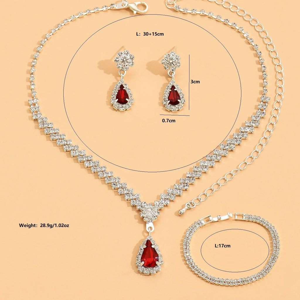 3 piece set Red l Green Blue Drop Stone Necklace Earrings Bracelet Women's Jewelry Wedding party set