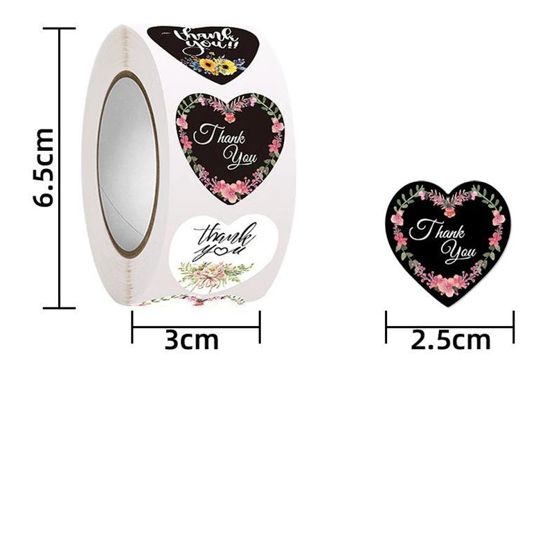 100-500pcs Heart Thank You Stickers Flowers Decorative Sealing Stickers for Wedding Gift Packaging Small Business Supplies 1inch