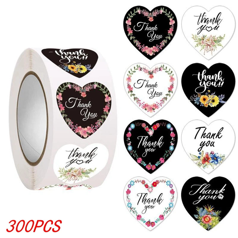 100-500pcs Heart Thank You Stickers Flowers Decorative Sealing Stickers for Wedding Gift Packaging Small Business Supplies 1inch