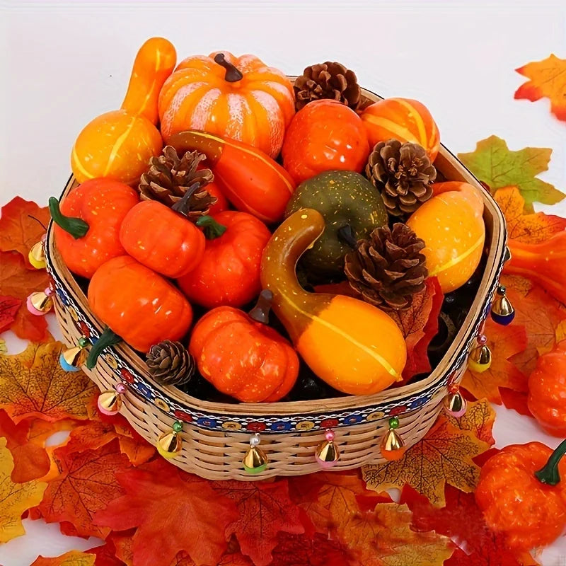 50Pcs Thanksgiving Artificial Pumpkins Set with Leaf Acorns Pine Cones for Autumn Festival Halloween Home Table Decoration