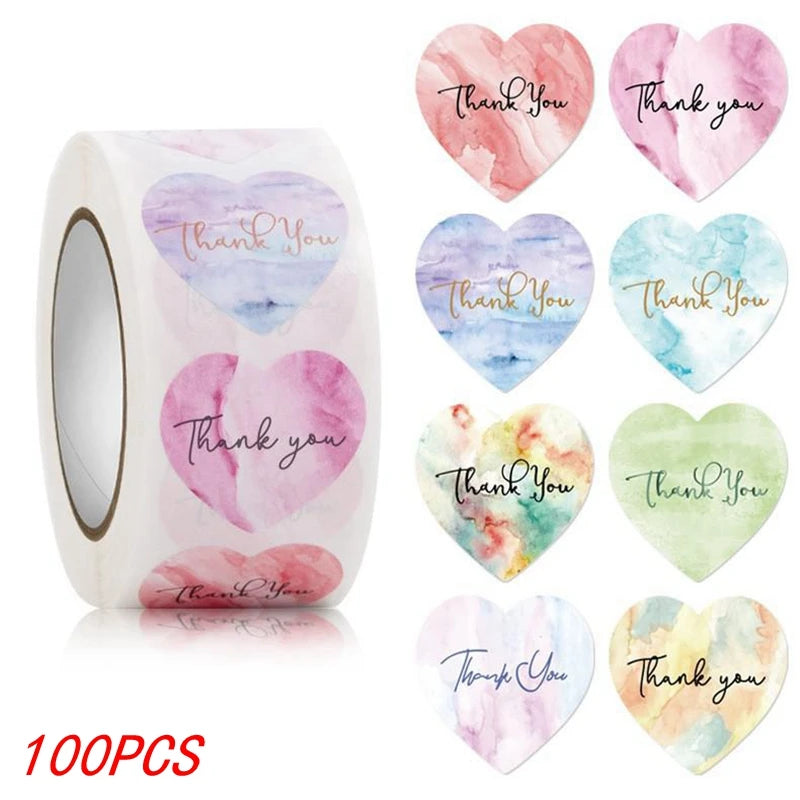 100-500pcs Heart Thank You Stickers Flowers Decorative Sealing Stickers for Wedding Gift Packaging Small Business Supplies 1inch