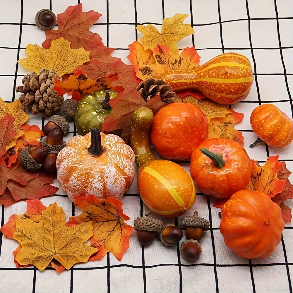 50Pcs Thanksgiving Artificial Pumpkins Set with Leaf Acorns Pine Cones for Autumn Festival Halloween Home Table Decoration