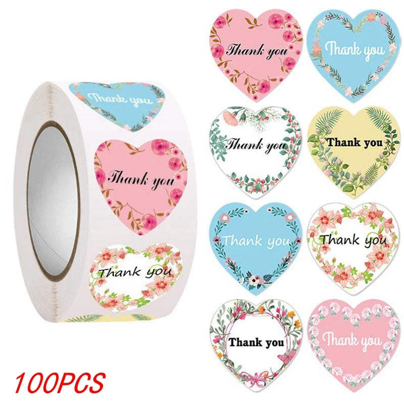 100-500pcs Heart Thank You Stickers Flowers Decorative Sealing Stickers for Wedding Gift Packaging Small Business Supplies 1inch